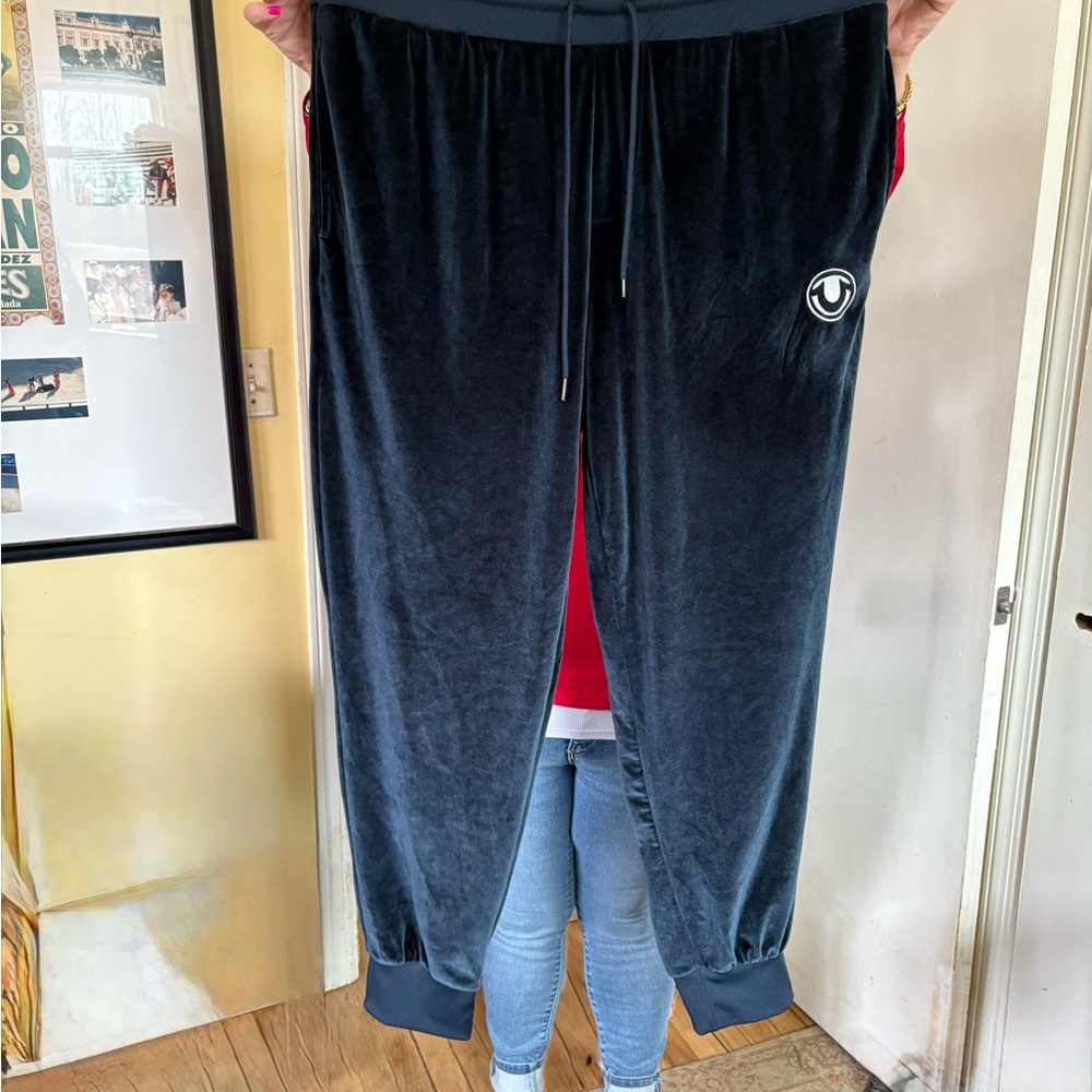 Blue Velour True Religion Sweatpants with Embroidered Logo NWOT